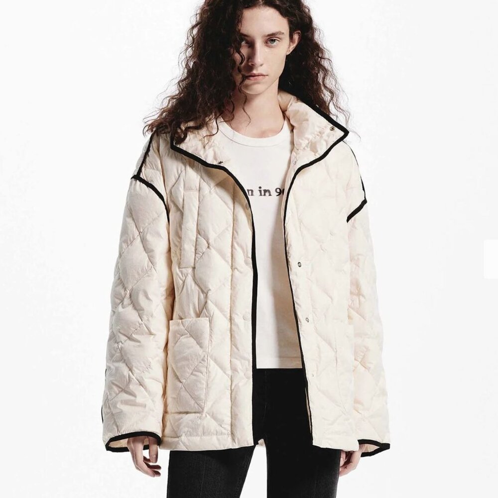 MO&CO Contrast Quilted Down Jacket $380, Beige, Size M